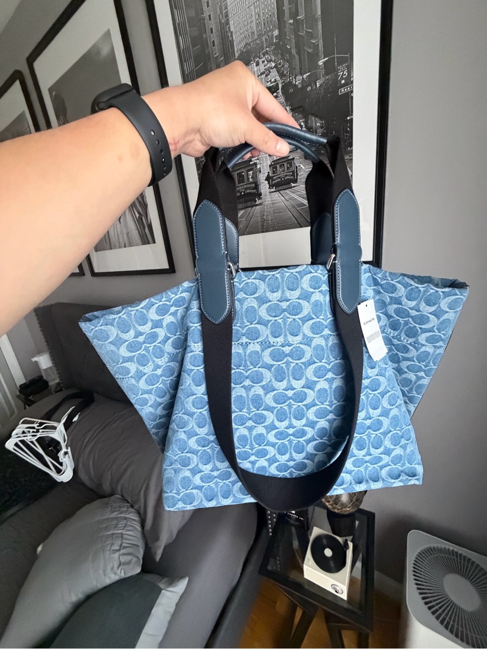 Coach Blue Signature Canvas Tote with Black Straps